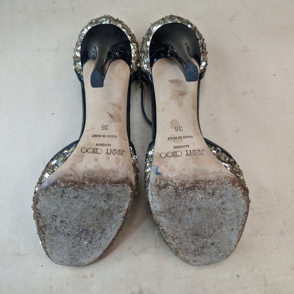 Jimmy Choo London women's 3.5" Heels Size 36 . Golden sequins and black patent l - Picture 10 of 11